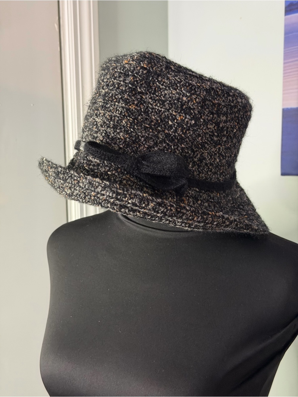 Bouclé Cloche Hat with Bow Trim in Black and Gray - Picture 2 of 3